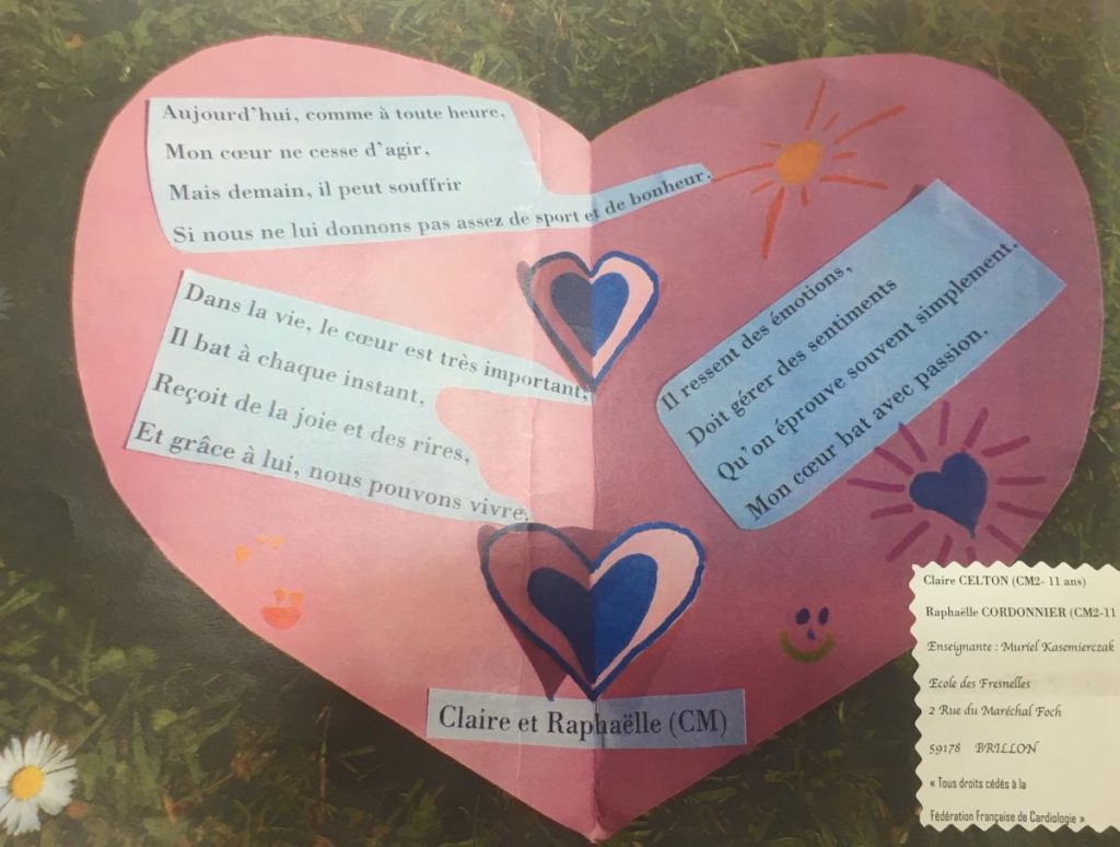 Poème en forme de coeur réalisée les élèves de l'école maternelle Des Fresnelles, Brillon (Nord Pas de Calais)